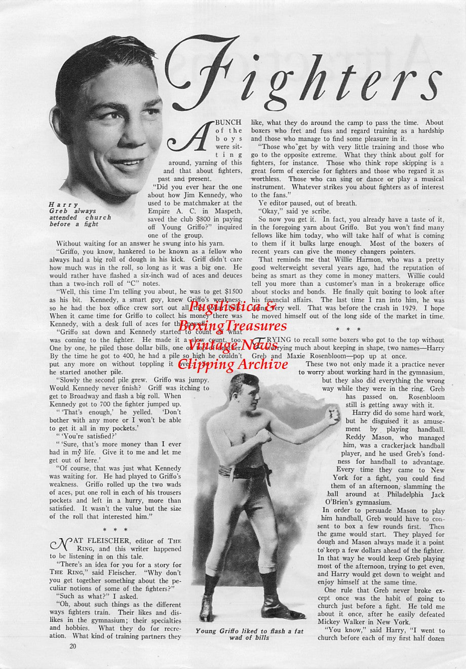 Boxing News Clipping #1727 - Harry Greb, Young Griffo, Billy Petrolle, Primo Carnera, Jack Kid Berg, Jack Sharkey