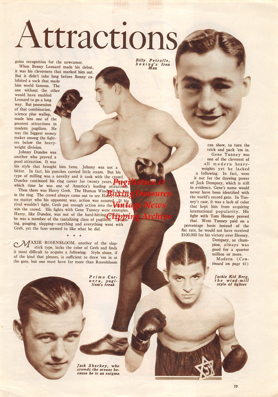 Boxing News Clipping #1727 - Harry Greb, Young Griffo, Billy Petrolle, Primo Carnera, Jack Kid Berg, Jack Sharkey