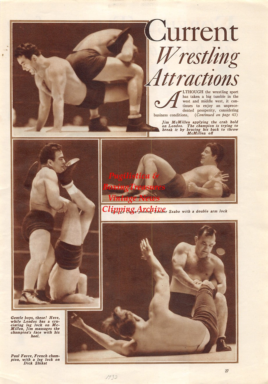 Boxing News Clipping #1730 - Little Lewis, George Bell, Mariano Arilla, Hans Schonrath, Harry Liebowitz, Jack Cullen, Jack Carroll, Young Johnson, Jim Londos vs. Jim McMillen, George Calza vs. Sandor Szabo, Paul Favre vs. Dick Shikat