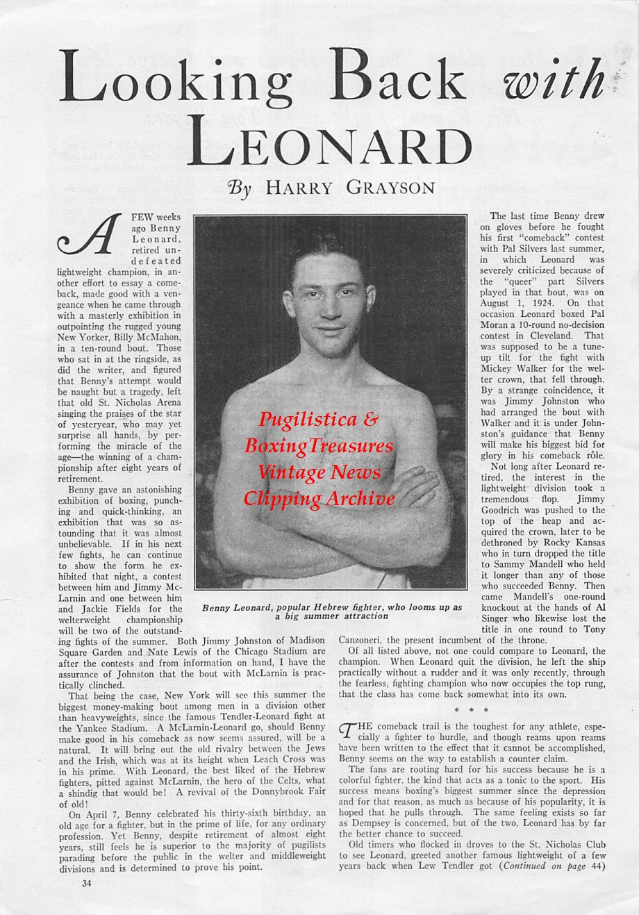 Boxing News Clipping #1732 - Benny Leonard, Cocky Woods vs. George King