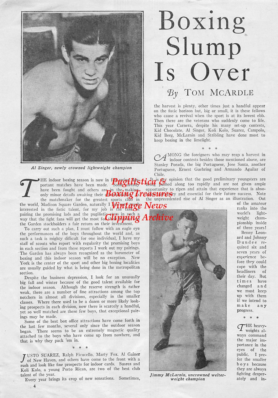 Boxing News Clipping #1744 - Al Singer, Jimmy McLarnin, Young Stribling, Jim Corbett