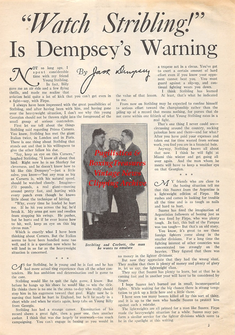 Boxing News Clipping #1744 - Al Singer, Jimmy McLarnin, Young Stribling, Jim Corbett