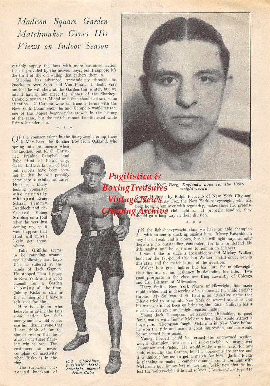 Boxing News Clipping #1745 - Kid Chocolate, Jack Kid Berg, Jimmy McLarnin
