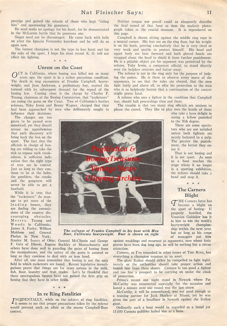 Boxing News Clipping #1748 - Frankie Campbell vs. Max Baer