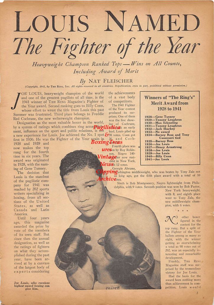 Boxing News Clipping #175 - Joe Louis "Fighter Of The Year", Buddy Baer, Billy Conn