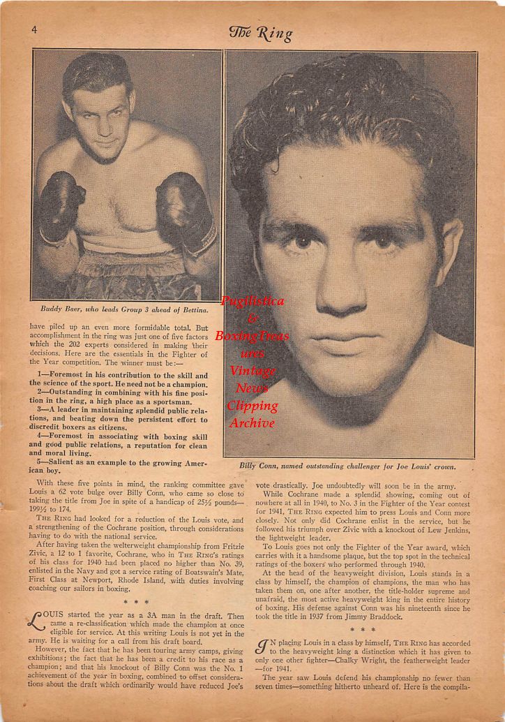 Boxing News Clipping #175 - Joe Louis "Fighter Of The Year", Buddy Baer, Billy Conn