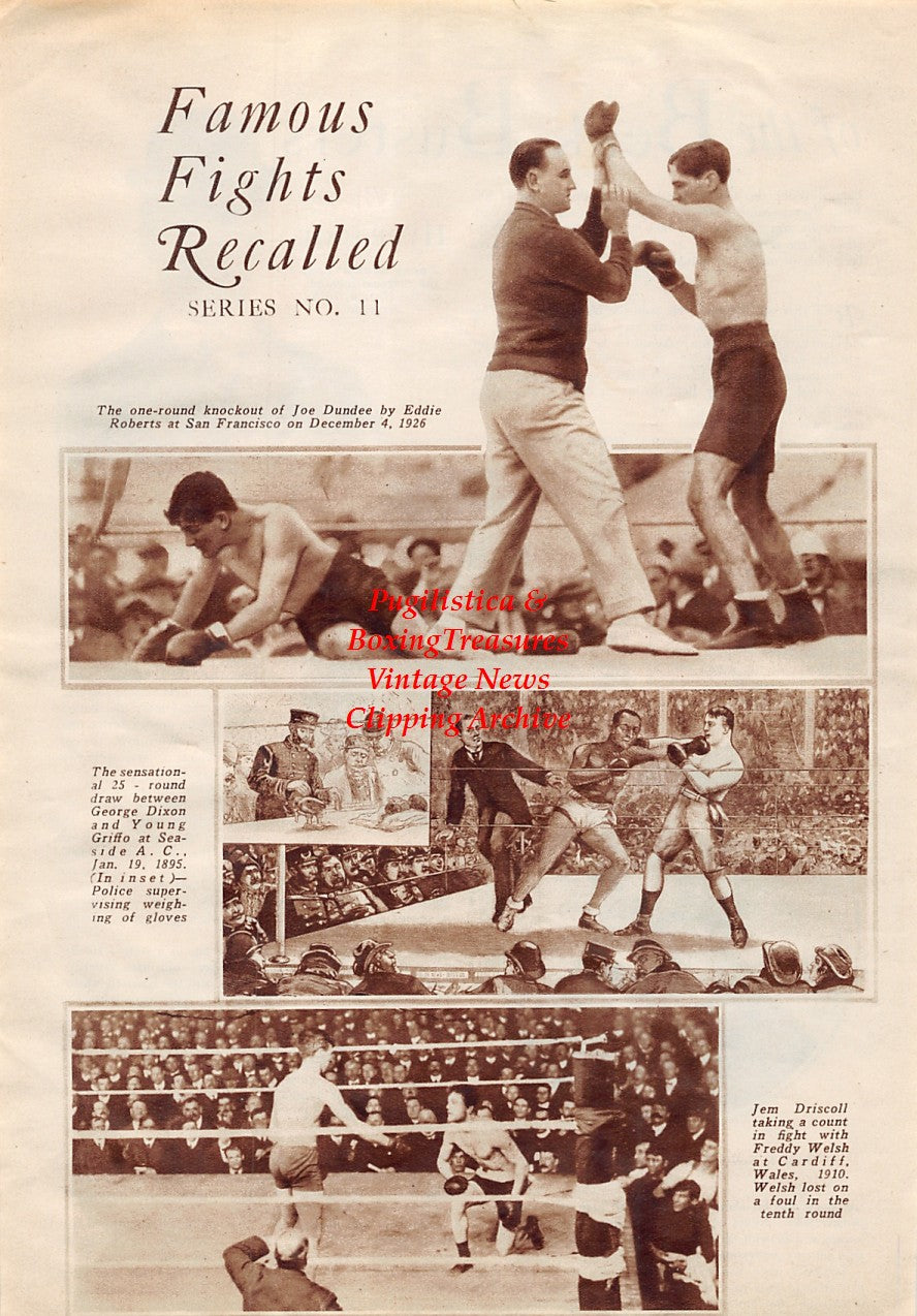 Boxing News Clipping #1754 - Joe Dundee vs. Eddie Roberts, George Dixon vs. Young Griffo, Jem Driscoll vs. Freddy Welsh, John L. Sullivan, Jack Dempsey, Terry McGovern