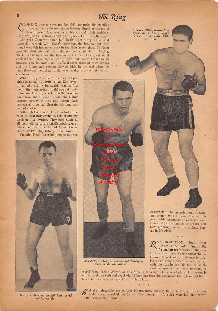 Boxing News Clipping #177 - Freddie "Red" Cochrane, Billy Soose, Bob Montgomery, Georgie Abrams, Tony Zale, Melio Bettina