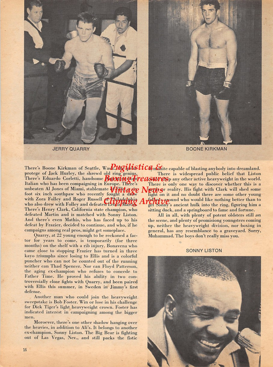 Boxing News Clipping #1772 - Jerry Quarry, Boone Kirkman, Sonny Liston, Henry Clark, Eduarto Corletti, Oscar Bonavena, Joe Frazier