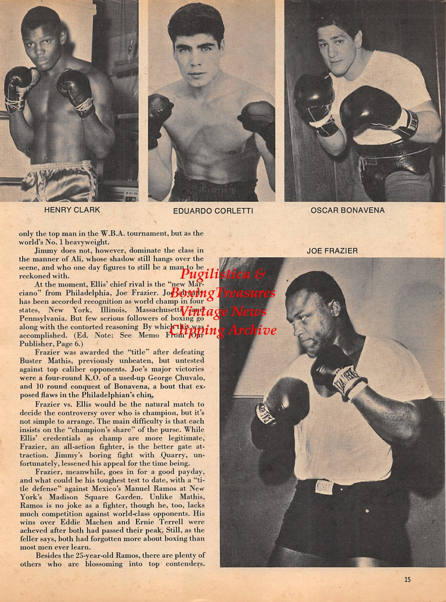 Boxing News Clipping #1772 - Jerry Quarry, Boone Kirkman, Sonny Liston, Henry Clark, Eduarto Corletti, Oscar Bonavena, Joe Frazier