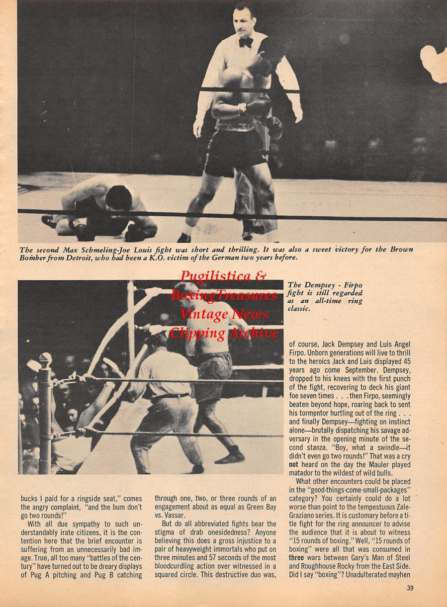 Boxing News Clipping #1784 - Max Schmeling vs. Joe Louis, Jack Dempsey vs. Luis Firpo, Rocky Graziano vs. Sugar Ray Robinson