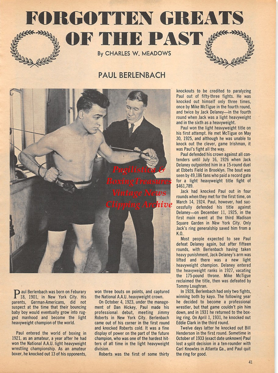 Boxing News Clipping #1785 - Paul Berlenbach, Aubrey Cull, Eric Chaulk, Harold Hussey, Wally Goulding