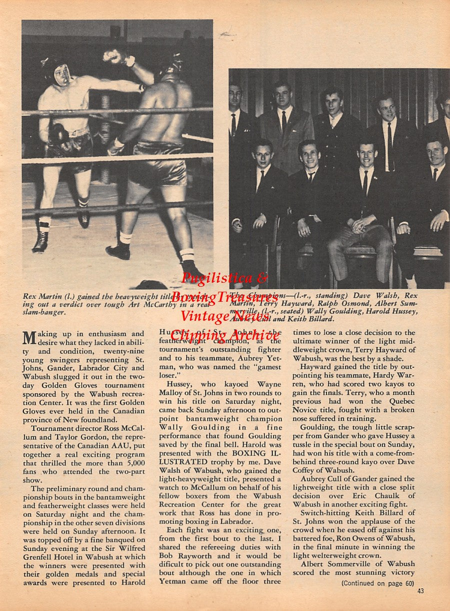 Boxing News Clipping #1786 - Rex Martin vs. Art McCarthy, Dave Walsh, Rex Martin, Terry Hayward, Ralph Osmond, Albert Summerville, Wally Goulding, Harold Hussey, Aubrey Cull, Keith Billard