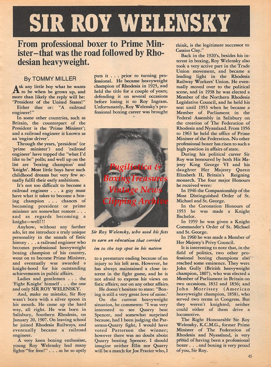Boxing News Clipping #1787 - Sir Roy Welensky, Ralph Charles, Jimmy Anderson, John Stracey