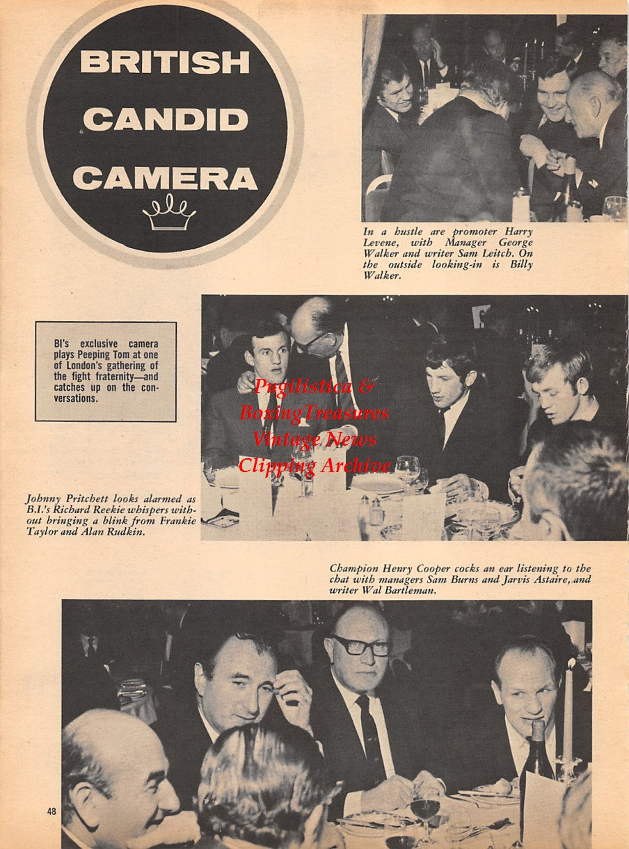 Boxing News Clipping #1788 - Harry Levene, George Walker, Sam Leitch, Billy Walker, Johnny Pritchett, Frankie Taylor, Alan Rudkin, Henry Cooper, Sam Burns, Jarvis Astaire, Eduardo Corletti