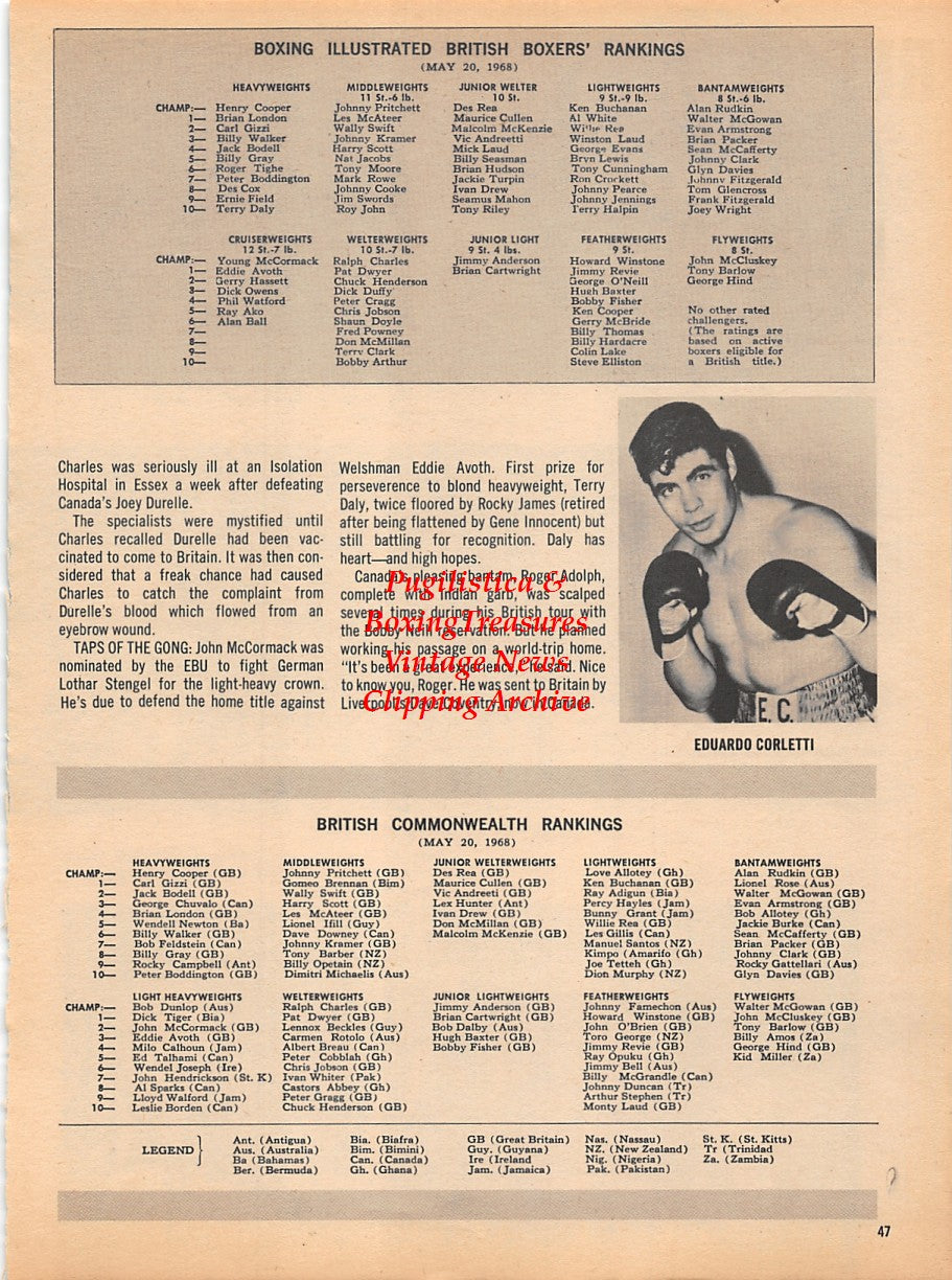 Boxing News Clipping #1788 - Harry Levene, George Walker, Sam Leitch, Billy Walker, Johnny Pritchett, Frankie Taylor, Alan Rudkin, Henry Cooper, Sam Burns, Jarvis Astaire, Eduardo Corletti