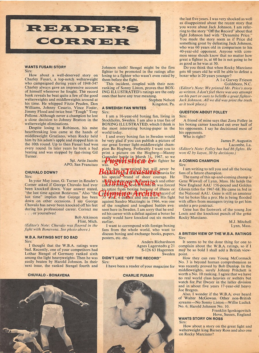 Boxing News Clipping #1795 - Anton Christoforidis, Charley Fusari, George Chuvalo vs. Oscar Bonavena
