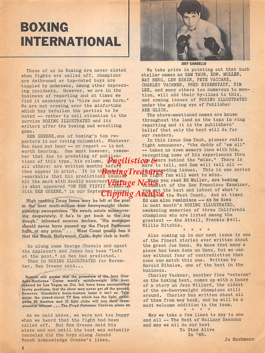 Boxing News Clipping #1798 - Joey Giardello, Sonny Liston, Leach Cross, Emile Griffith, Muhammad Ali