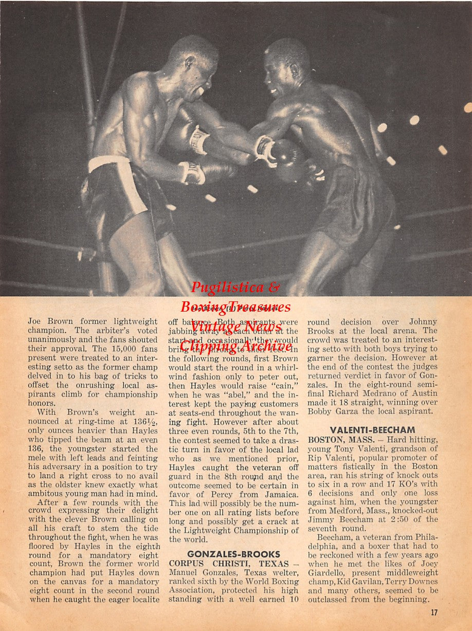 Boxing News Clipping #1805 - Percy Hayles vs. Joe Brown, Billy Daniels vs. Cleveland Williams