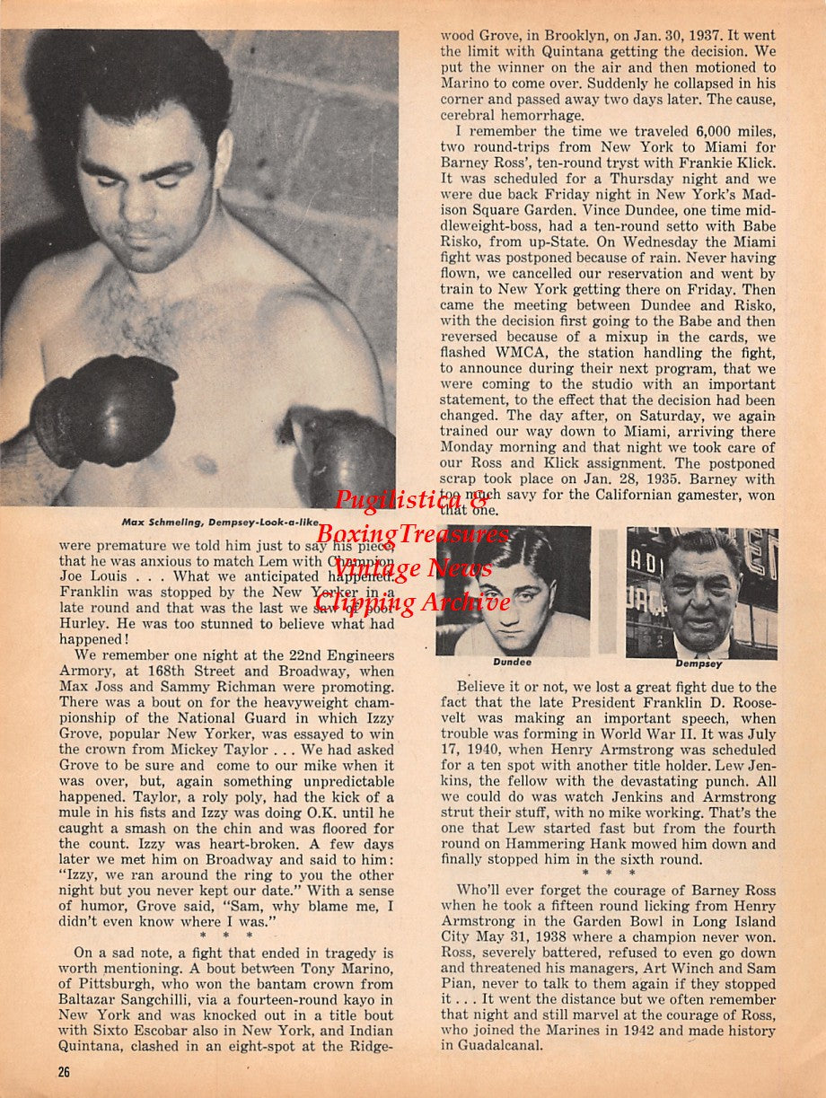 Boxing News Clipping #1808 - Max Schmeling, Vince Dundee, Jack Dempsey, Barney Ross