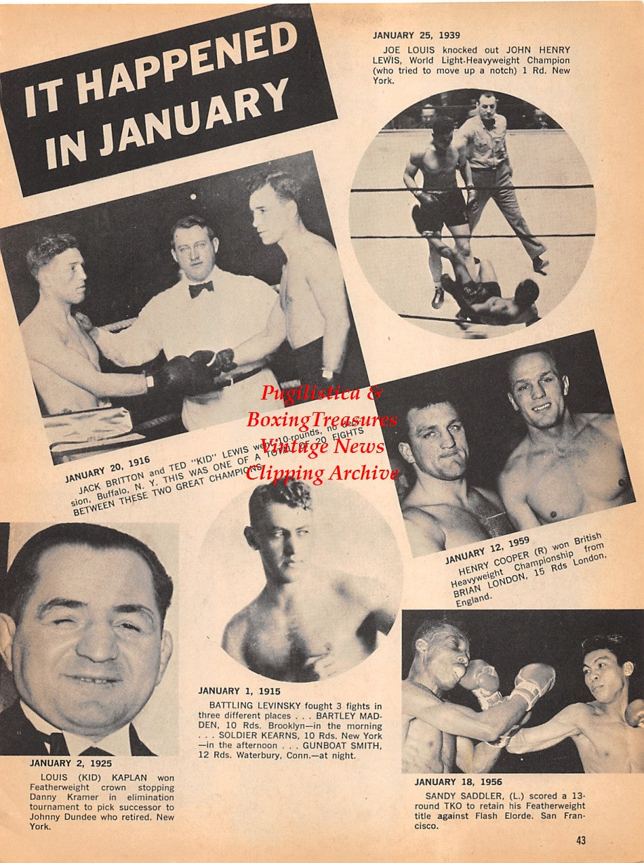 Boxing News Clipping #1817 - Jack Britton, Ted Kid Lewis, Joe Louis, John Henry Lewis, Henry Cooper, Brian London, Battling Levinsky, Louis Kid Kaplan, Sandy Saddler, Flash Elorde, Leach Cross, Willie Jackson, Philadelphia Jack O'Brien and many more