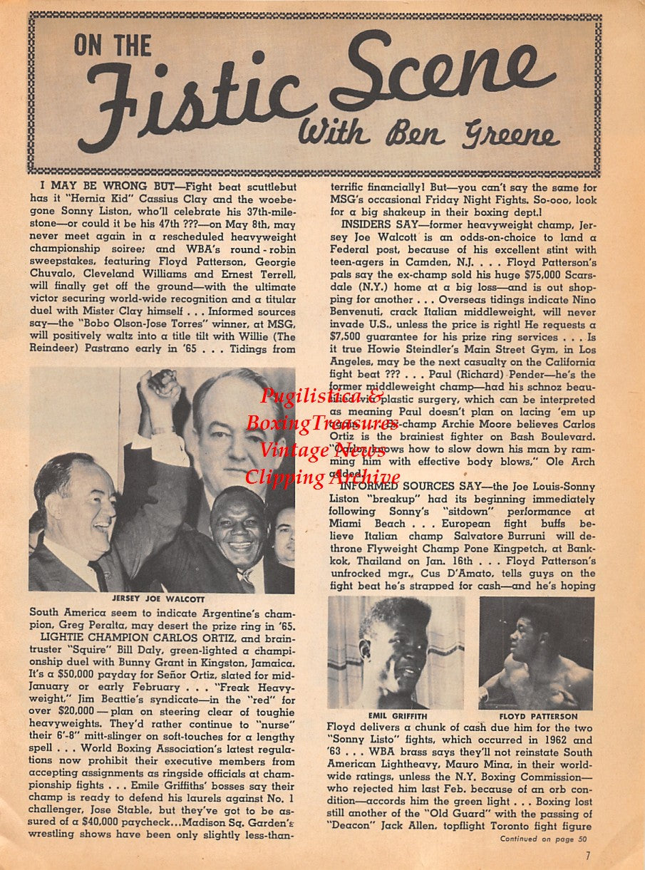 Boxing News Clipping #1819 - Muhammad Ali, Sonny Liston, Stepin Fetchit, Jersey Joe Walcott, Emile Griffith, Floyd Patterson