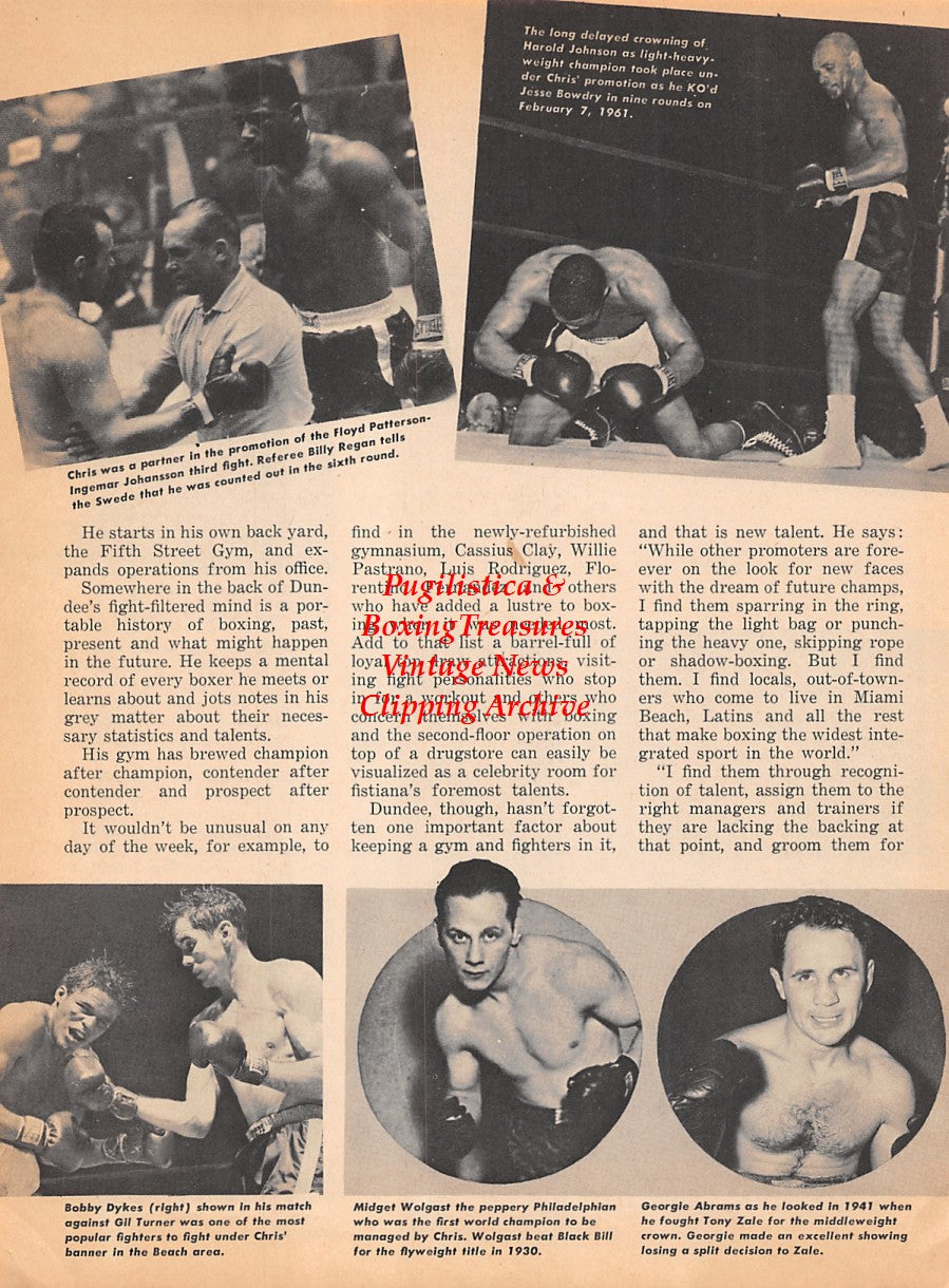 Boxing News Clipping #1826 - Floyd Patterson, Ingemar Johansson, Harold Johnson, Jesse Bowdry, Bobby Dykes, Gil Turner, Midget Wolgast, Georgie Abrams, Emile Griffith, Benny Paret, Livio Minelli
