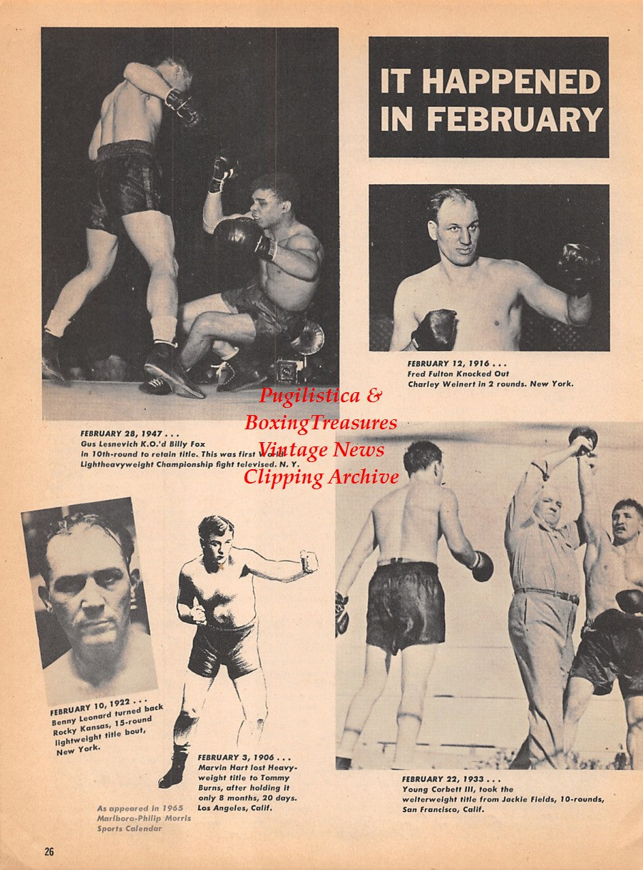 Boxing News Clipping #1827 - Gus Lesnevich vs. Billy Fox, Fred Fulton, Benny Leonard, Marvin Hart, Young Corbett III vs. Jackie Fields, Tommy Loughran, Ken Overlin