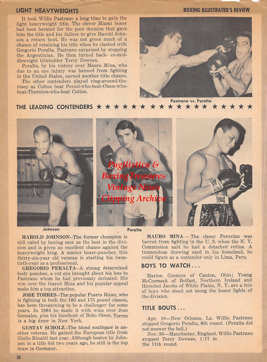 Boxing News Clipping #1828 - Willie Pastrano, Gregorio Peralta, Harold Johnson, Jose Torres, Sonny Liston, Floyd Patterson, Ernie Terrell, Muhammad Ali