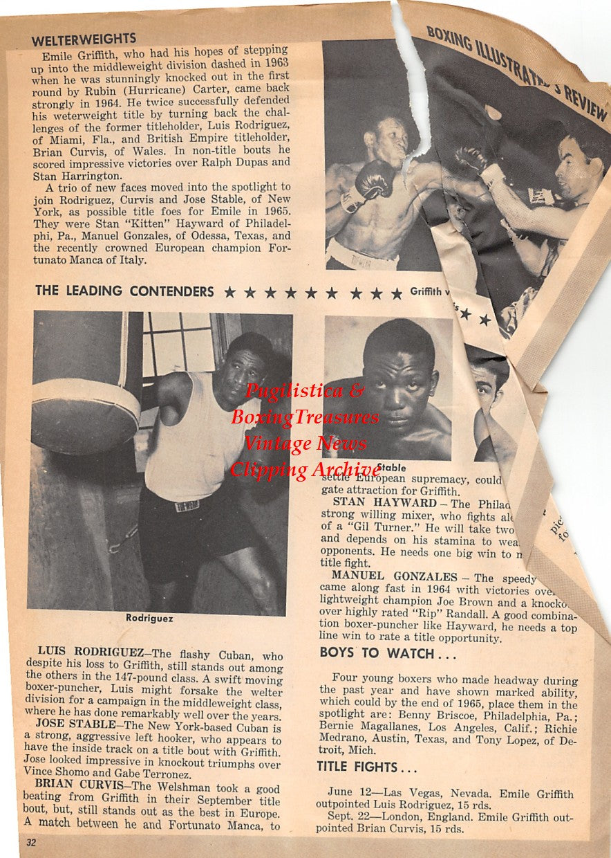 Boxing News Clipping #1829 - Emile Griffith vs. Brian Curvis, Luis Rodriguez, Jose Stable, Manuel Gonzales, Joey Giardello vs. Dick Tiger, Joey Archer, Laszlo Papp, Hurricane Carter, Dick Tiger