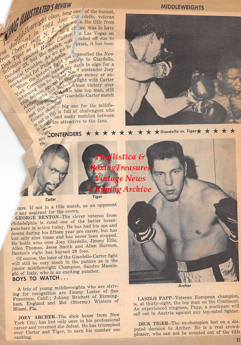 Boxing News Clipping #1829 - Emile Griffith vs. Brian Curvis, Luis Rodriguez, Jose Stable, Manuel Gonzales, Joey Giardello vs. Dick Tiger, Joey Archer, Laszlo Papp, Hurricane Carter, Dick Tiger