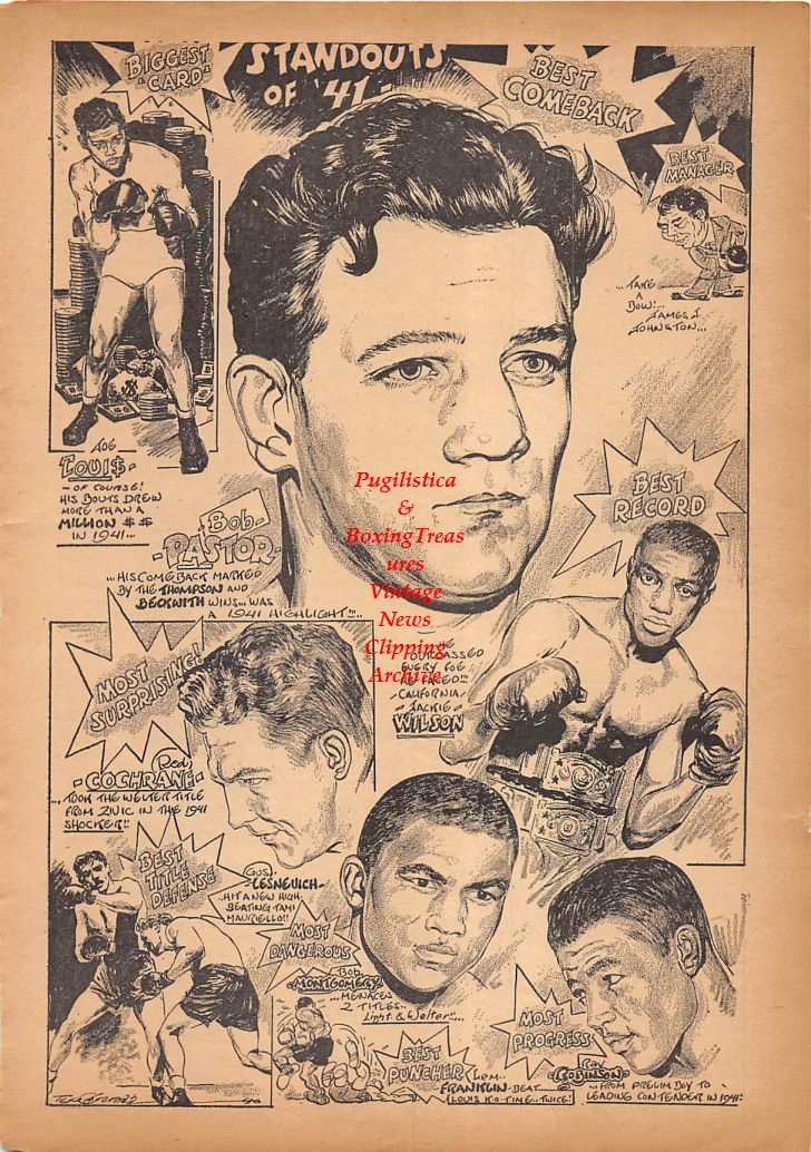 Boxing News Clipping #183 - "Standouts Of 1941 Cartoon" by Ted Carroll with  Bob Pastor, Joe Louis, California Jackie Wilson and Others