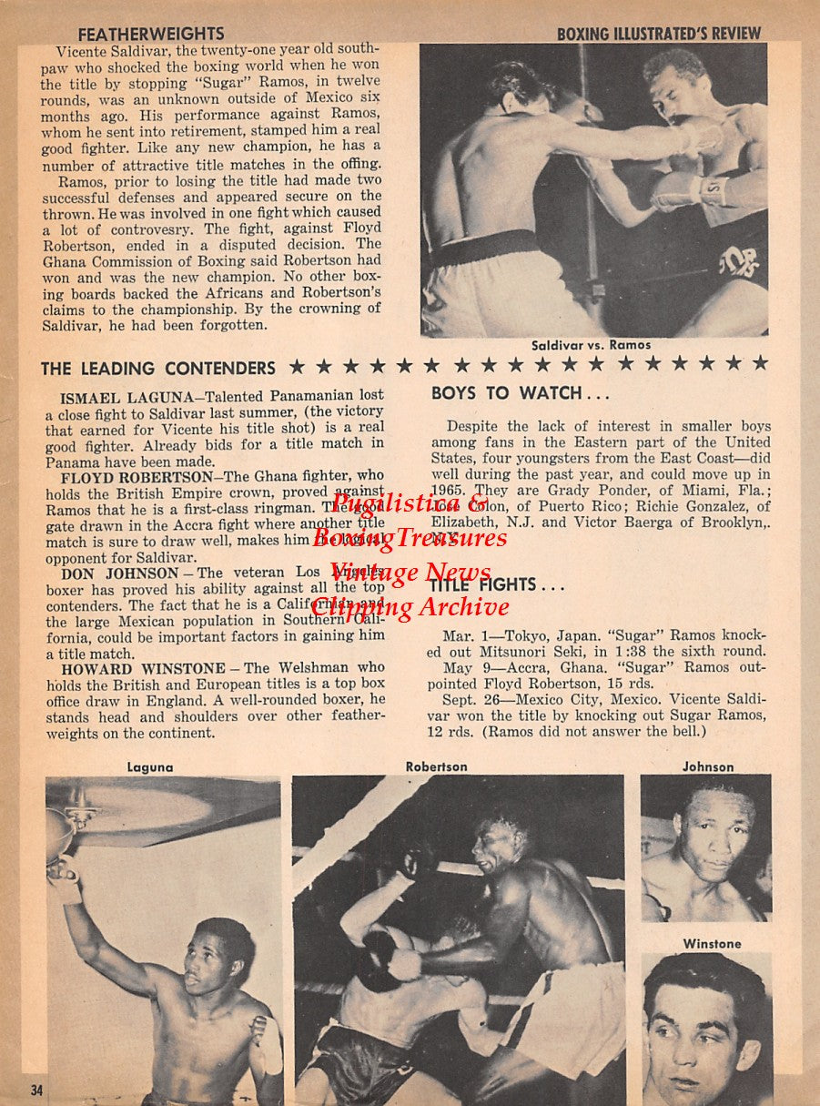 Boxing News Clipping #1830 - Vicente Saldivar vs. Sugar Ramos, Ismael Laguna, Floyd Robertson, Don Johnson, Howard Winstone, Carlos Ortiz vs. Kenny Lane, Jose Napoles, Dave Charnley, Carlos Hernandez, Paulie Armstead