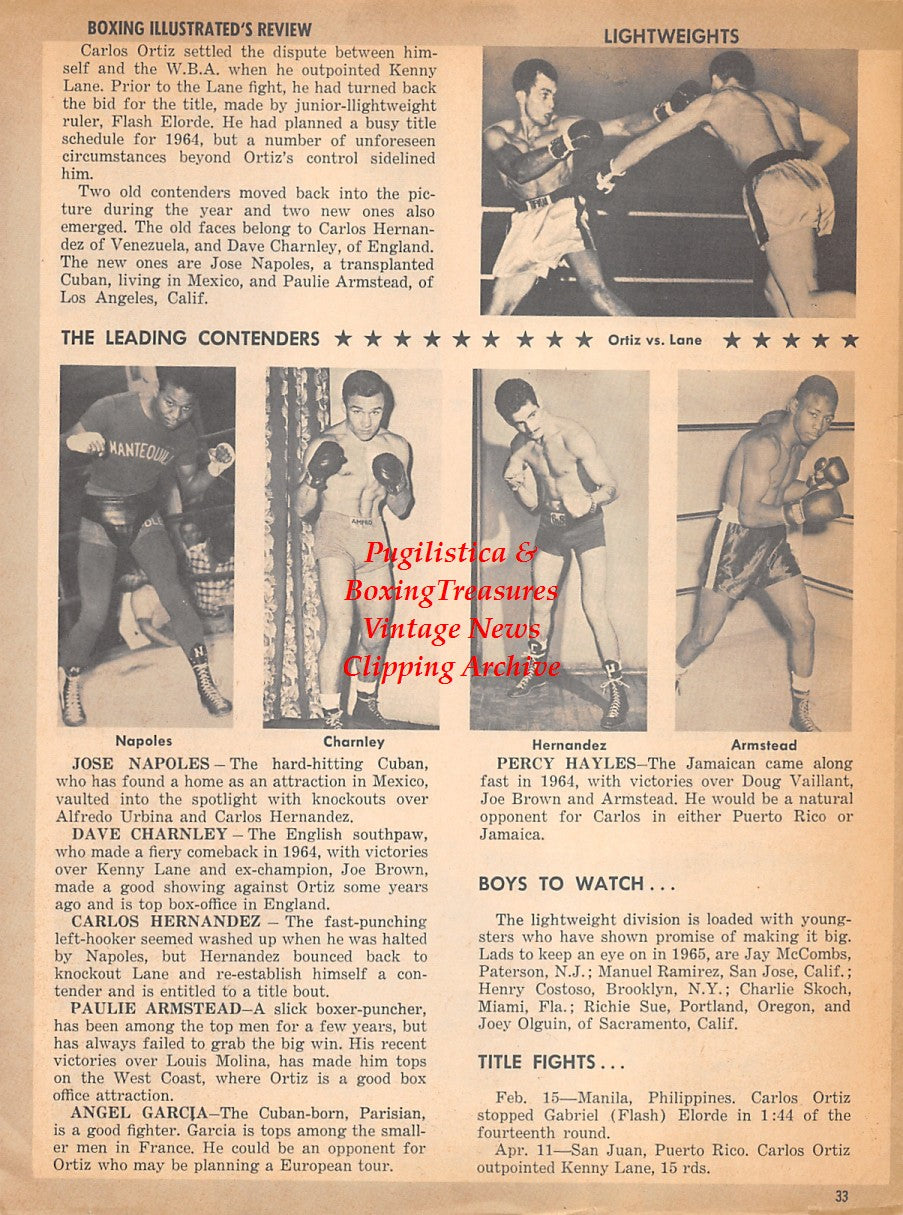 Boxing News Clipping #1830 - Vicente Saldivar vs. Sugar Ramos, Ismael Laguna, Floyd Robertson, Don Johnson, Howard Winstone, Carlos Ortiz vs. Kenny Lane, Jose Napoles, Dave Charnley, Carlos Hernandez, Paulie Armstead