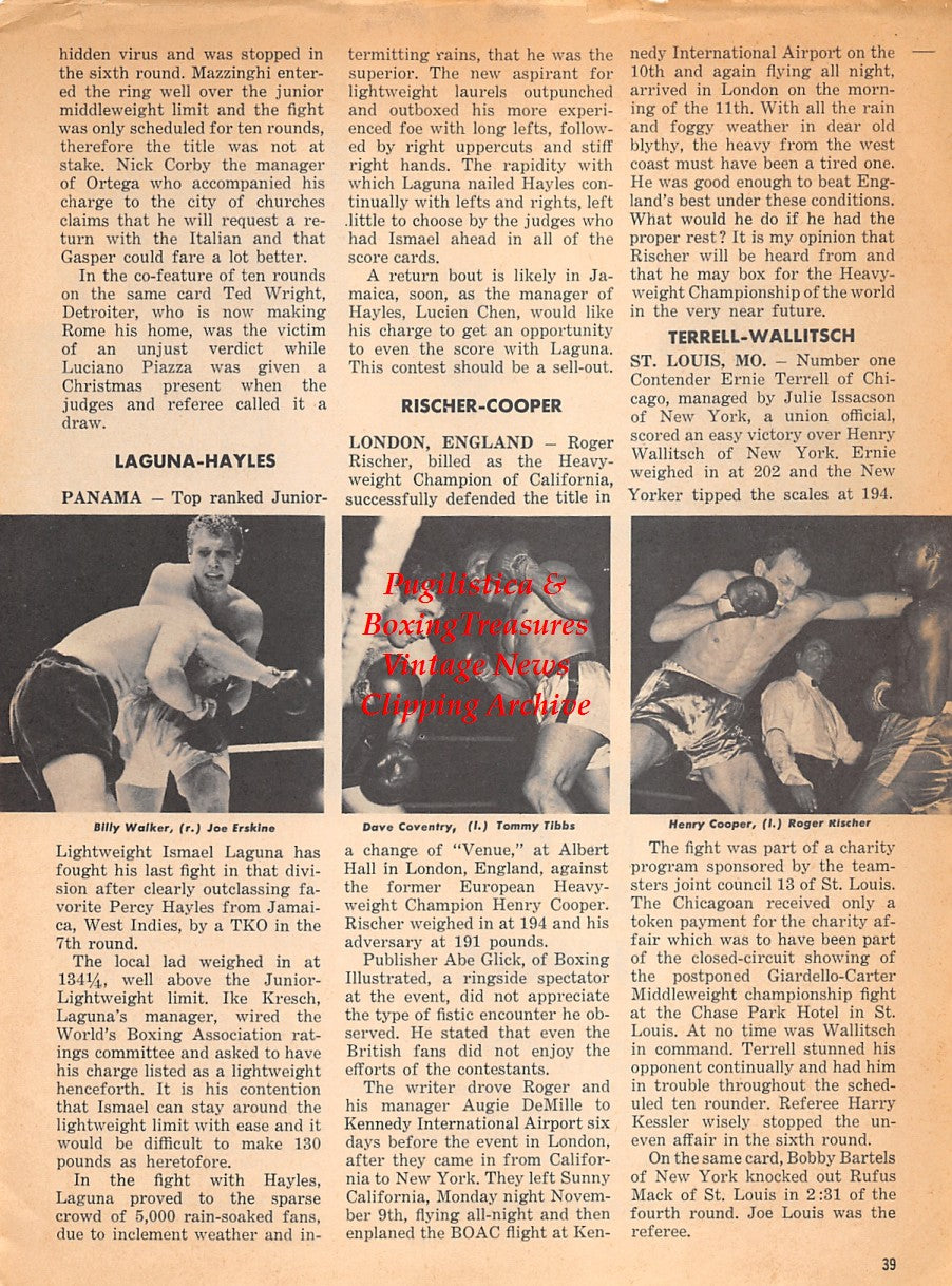 Boxing News Clipping #1833 - Joe Gans, Billy Walker vs. Joe Erskine, Dave Coventry vs. Tommy Tibbs, Henry Cooper vs. Roger Rischer
