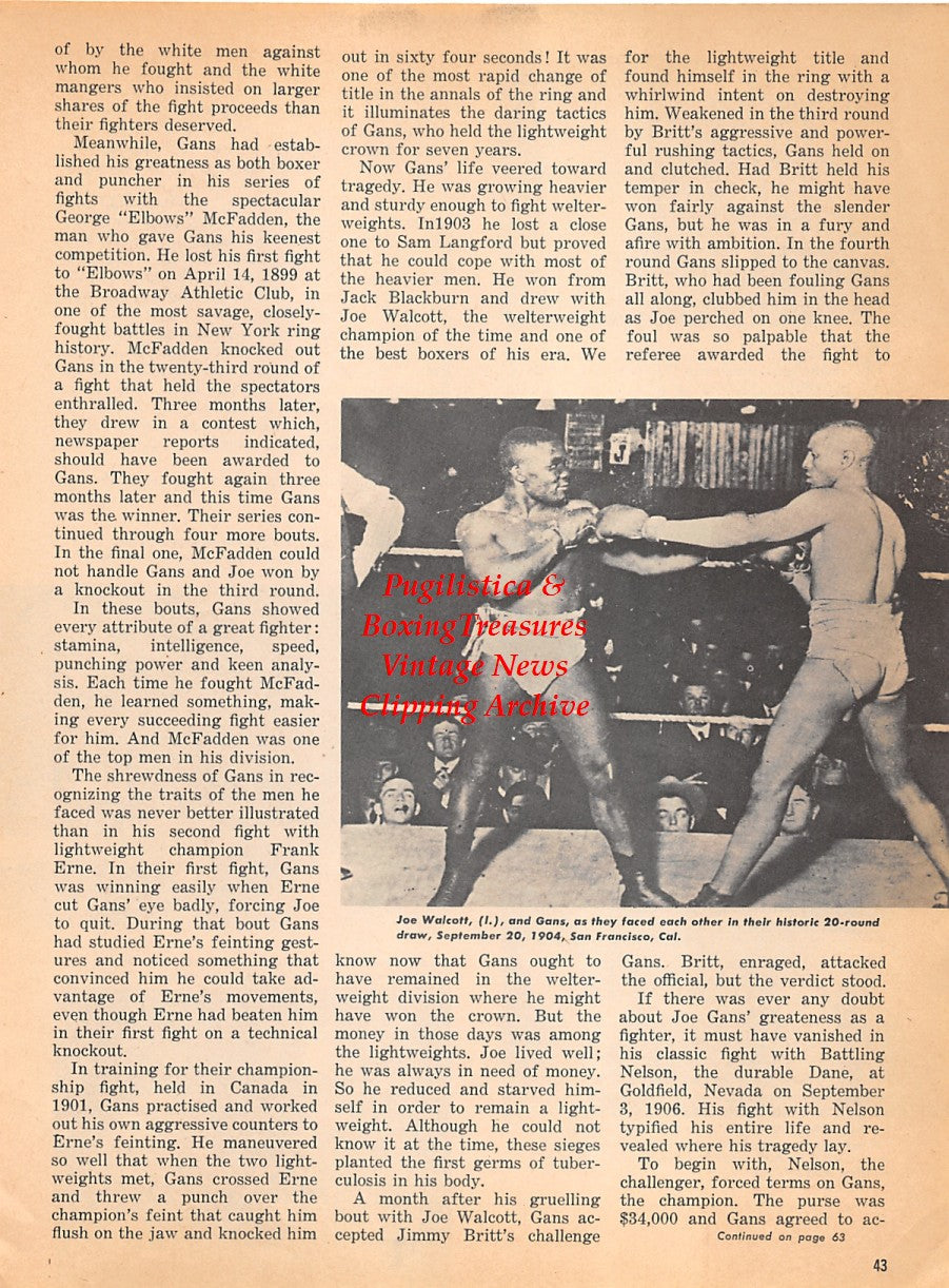 Boxing News Clipping #1835 - Barbados Joe Walcott vs. Joe Gans, Rocky Graziano vs. Tony Zale, Abe Simon vs. Joe Louis, Bob Pastor
