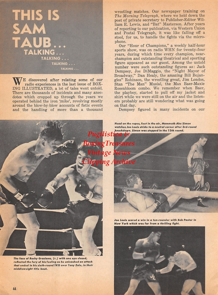 Boxing News Clipping #1835 - Barbados Joe Walcott vs. Joe Gans, Rocky Graziano vs. Tony Zale, Abe Simon vs. Joe Louis, Bob Pastor