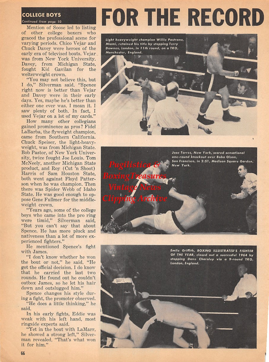 Boxing News Clipping #1839 - Willie Pastrano vs. Terry Downes, Jose Torres vs. Bobo Olson, Emile Griffith vs. Dave Charnley