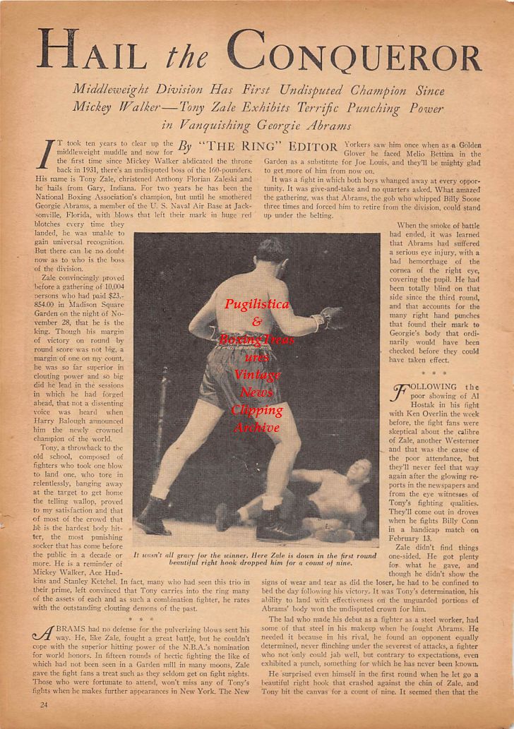Boxing News Clipping #184 - Tony Zale vs. Georgie Abrams, Gus Lesnevich, Johnny Colan, Pittsburgh Jackie Wilson