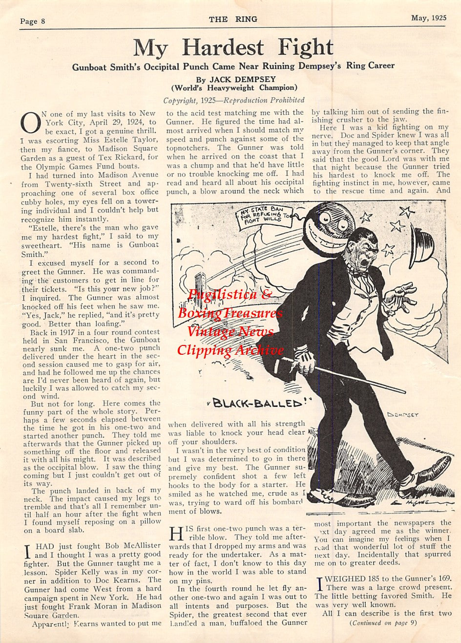Boxing News Clipping #1844 - Jack Dempsey vs. Harry Wills satirical cartoon