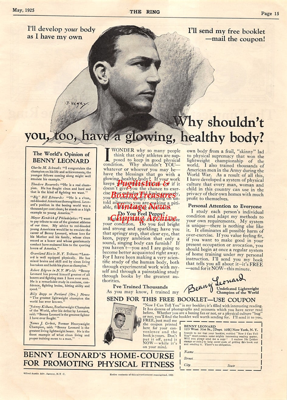 Boxing News Clipping #1845 - Benny Leonard fitness ad