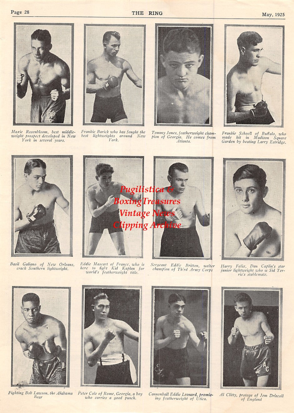 Boxing News Clipping #1847 - Maxie Rosenbloom, Frankie Barick, Tommy Jones, Frankie Schoell, Basil Galiano, Eddie Mascart, Eddie Britton, Harry Felix, Bob Lawson, Peter Cole, Eddie Leonard, Al Clitty