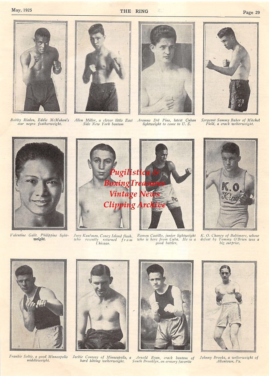 Boxing News Clipping #1848 - Bibby Risden, Allen Miller, Aramus Del Pino, Sammy Baker, Valentine Galit, Joey Kaufman, Ramon Castillo, KO Chaney, Frankie Soltis, Jackie Conway, Arnold Ryan, Johnny Brooks