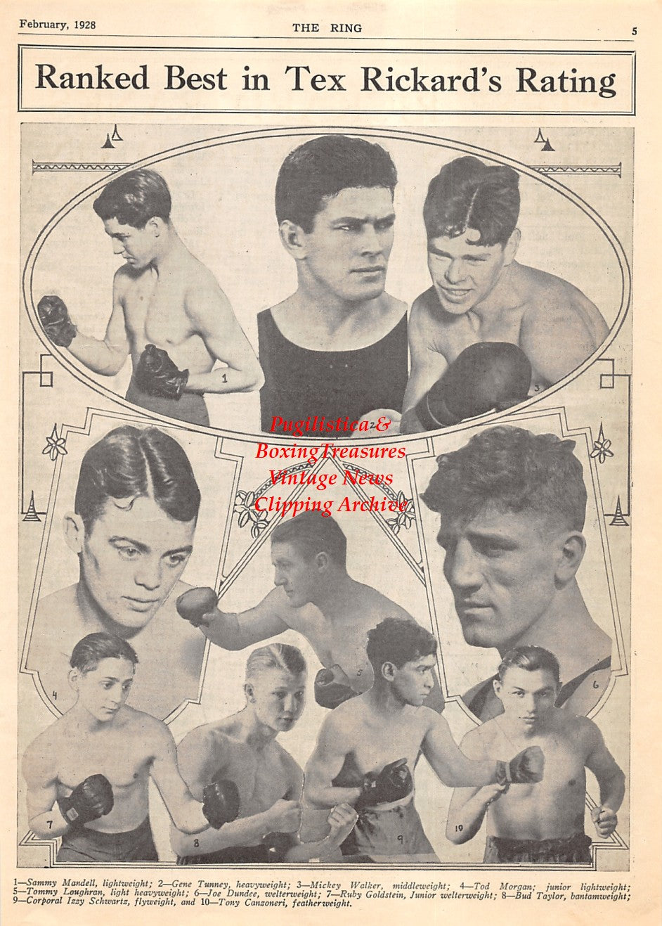 Boxing News Clipping #1853 - Sammy Mandell, Gene Tunney, Mickey Walker, Tod Morgan, Tommy Loughran, Joe Dundee, Ruby Goldstein, Bud Taylor, Izzy Schwartz, Tony Canzoneri