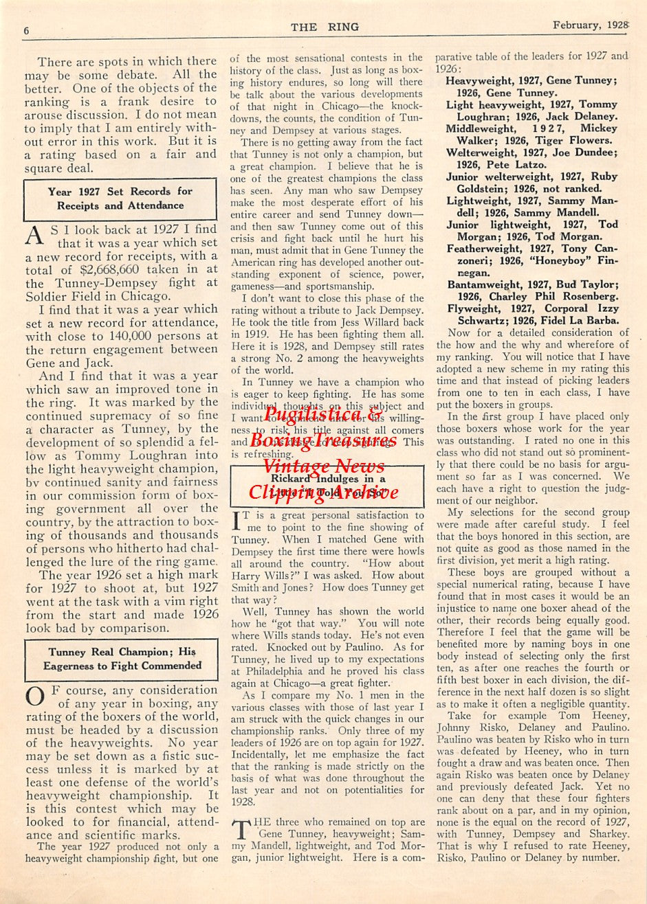 Boxing News Clipping #1853 - Sammy Mandell, Gene Tunney, Mickey Walker, Tod Morgan, Tommy Loughran, Joe Dundee, Ruby Goldstein, Bud Taylor, Izzy Schwartz, Tony Canzoneri