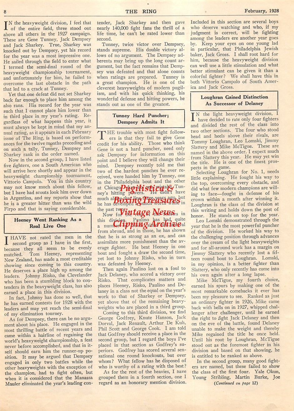 Boxing News Clipping #1854 - Jack Sharkey, Mushy Callahan, Sid Terris, Jimmy Slattery, Jack Dempsey, Mike McTigue, George Courtney, Tom Heeney, Dave Shade