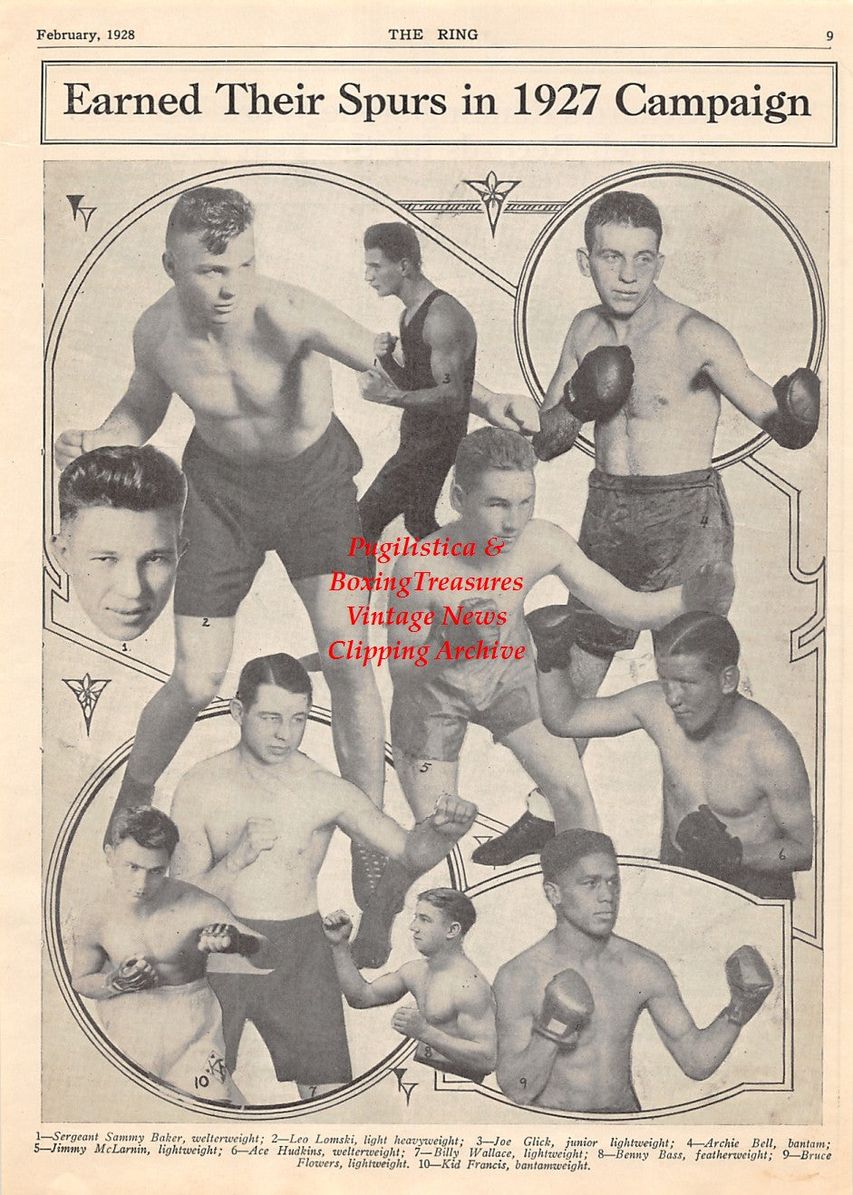 Boxing News Clipping #1855 - Sgt. Sammy Baker, Leo Lomski, Joe Glick, Archie Bell, Jimmy Mclarnin, Ace Hudkins, Billy Wallace, Benny Bass, Kid Francis, Bruce Flowers