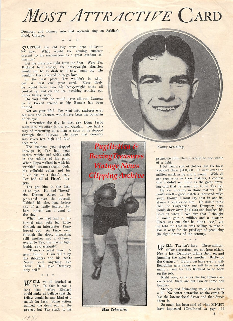 Boxing News Clipping #1864 - Tony Canzoneri, Billy Alger, Al Singer, Young Stribling, Max Schmeling