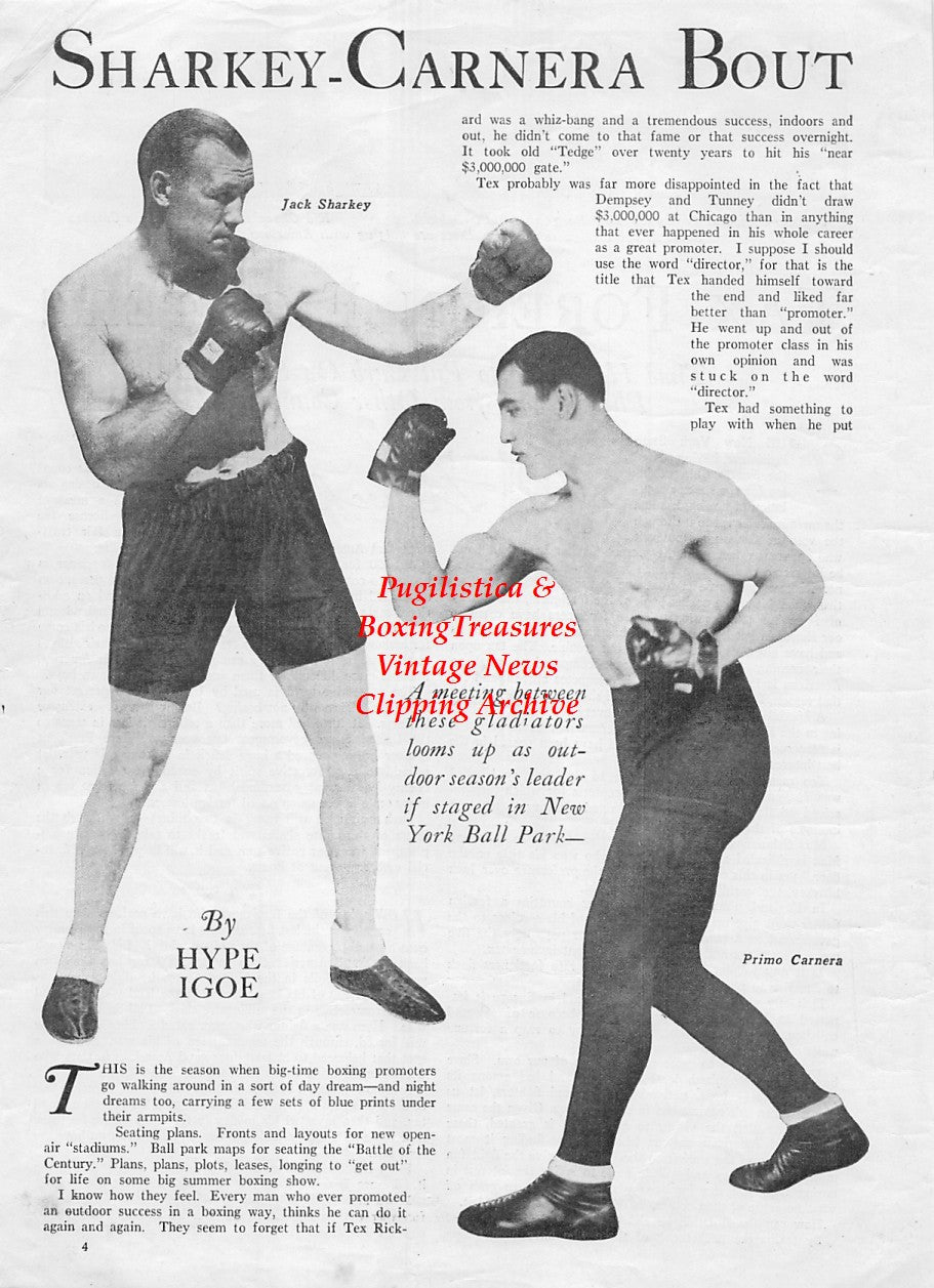 Boxing News Clipping #1865 - Jack Sharkey, Primo Carnera, Vittorio Campolo, Jack Kid Berg, Max Schmeling, Kid Chocolate, Primo Carnera
