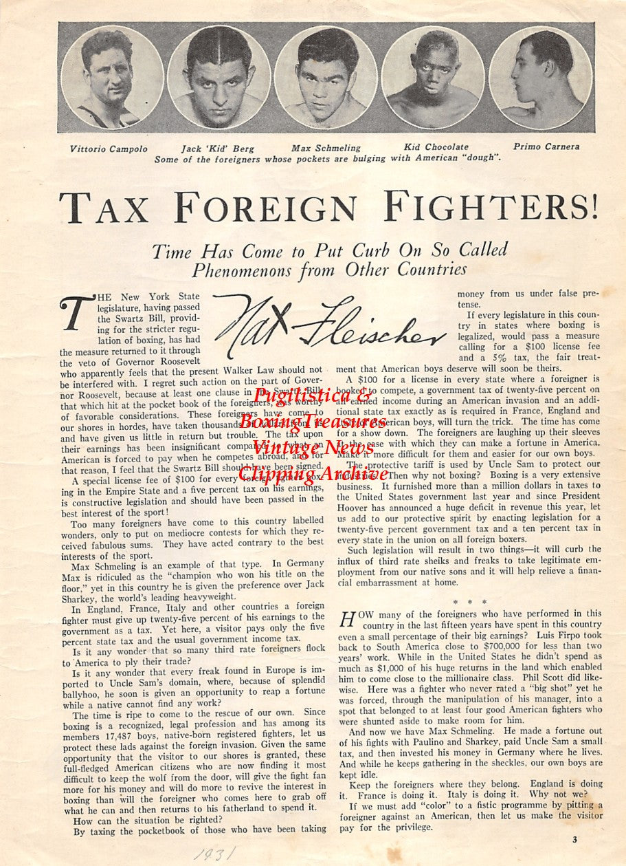 Boxing News Clipping #1865 - Jack Sharkey, Primo Carnera, Vittorio Campolo, Jack Kid Berg, Max Schmeling, Kid Chocolate, Primo Carnera
